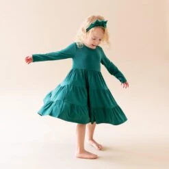 Long Sleeve Tiered Dress In Emerald -Kyte Baby kyte baby toddler long sleeve tiered dress long sleeve tiered dress in emerald 30294998712431