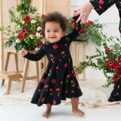 Long Sleeve Twirl Dress In Midnight Poppies