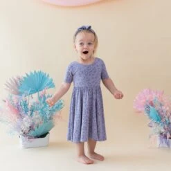Twirl Dress In Taro Leopard -Kyte Baby kyte baby toddler short sleeve twirl dress twirl dress in taro leopard 32329606889583