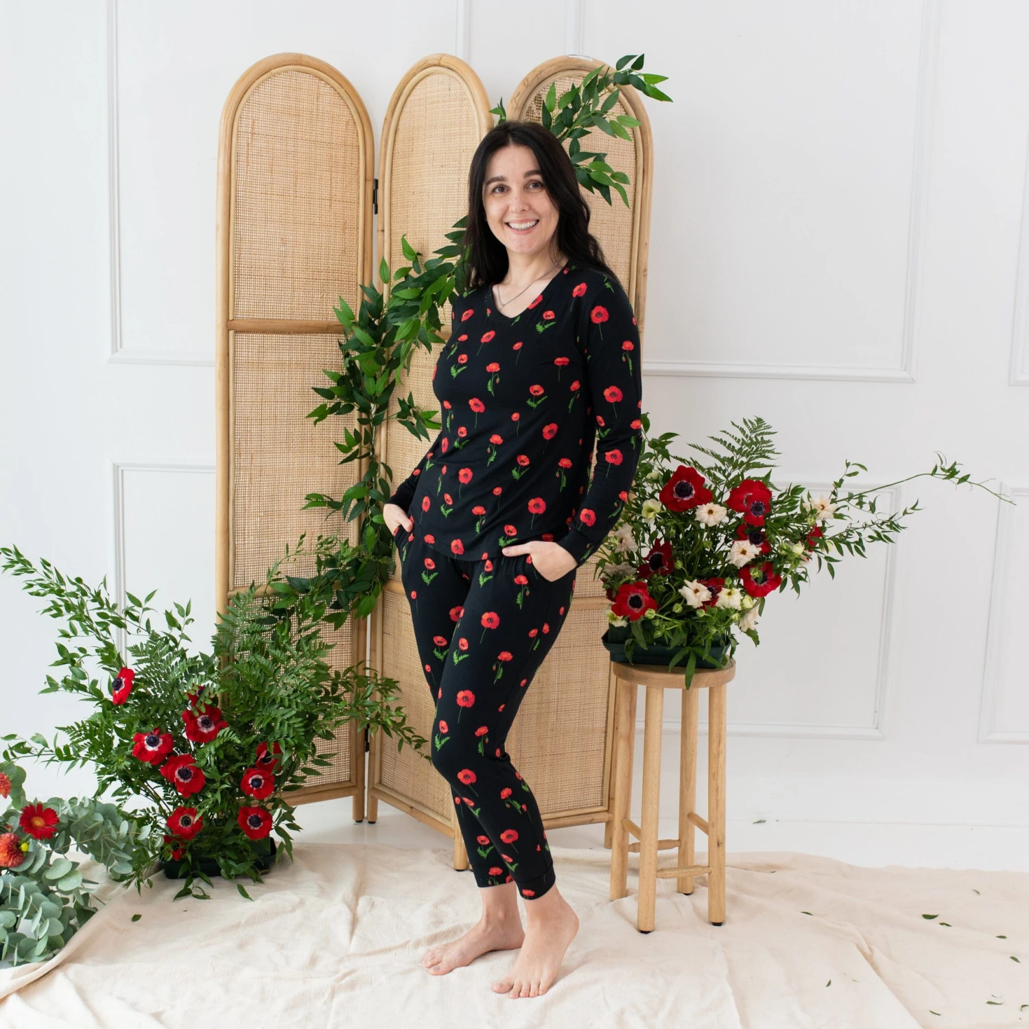 Women's Jogger Pajama Set In Midnight Poppies 3 Women's Jogger Pajama Set In Midnight Poppies