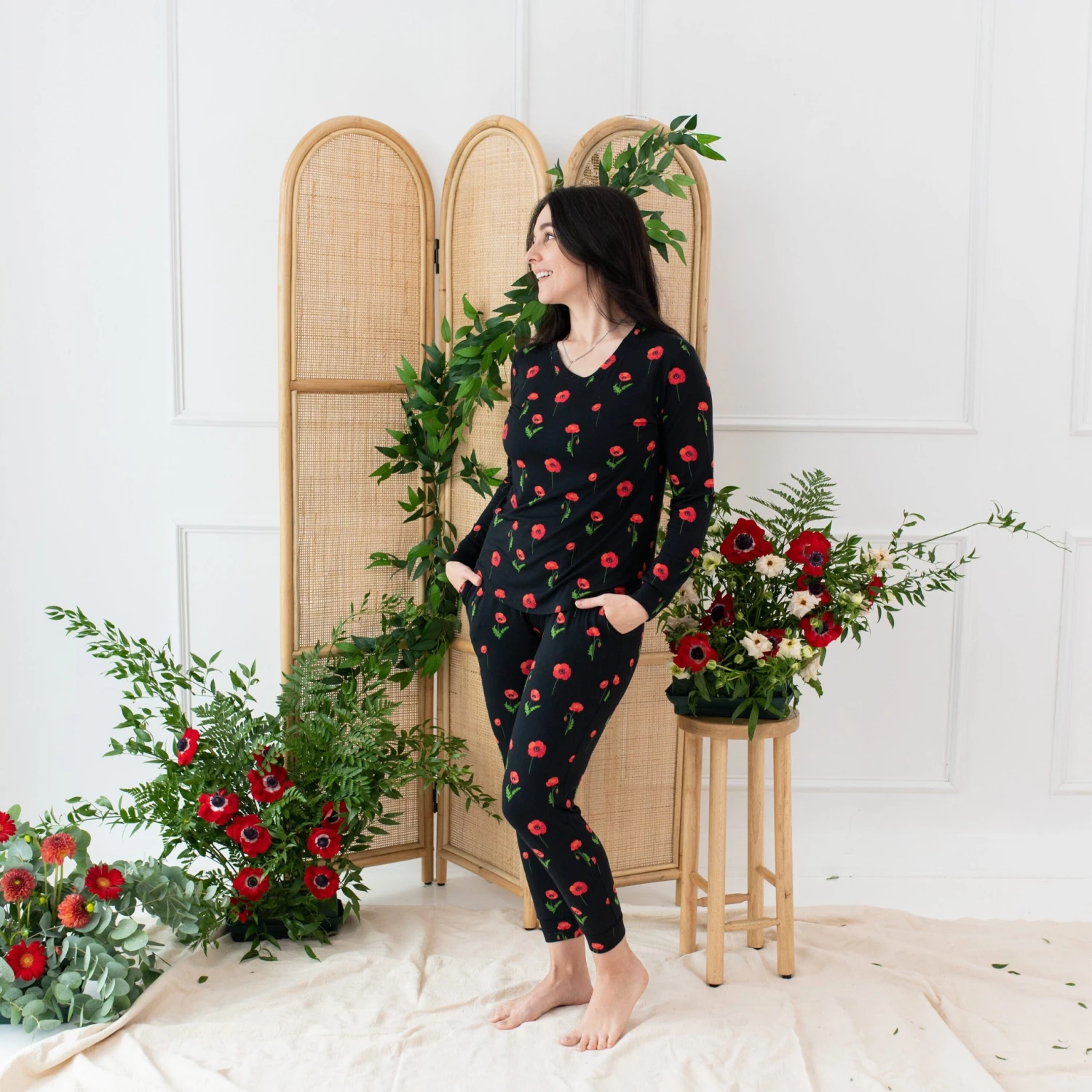 Women's Jogger Pajama Set In Midnight Poppies 5 Women's Jogger Pajama Set In Midnight Poppies - Image 3