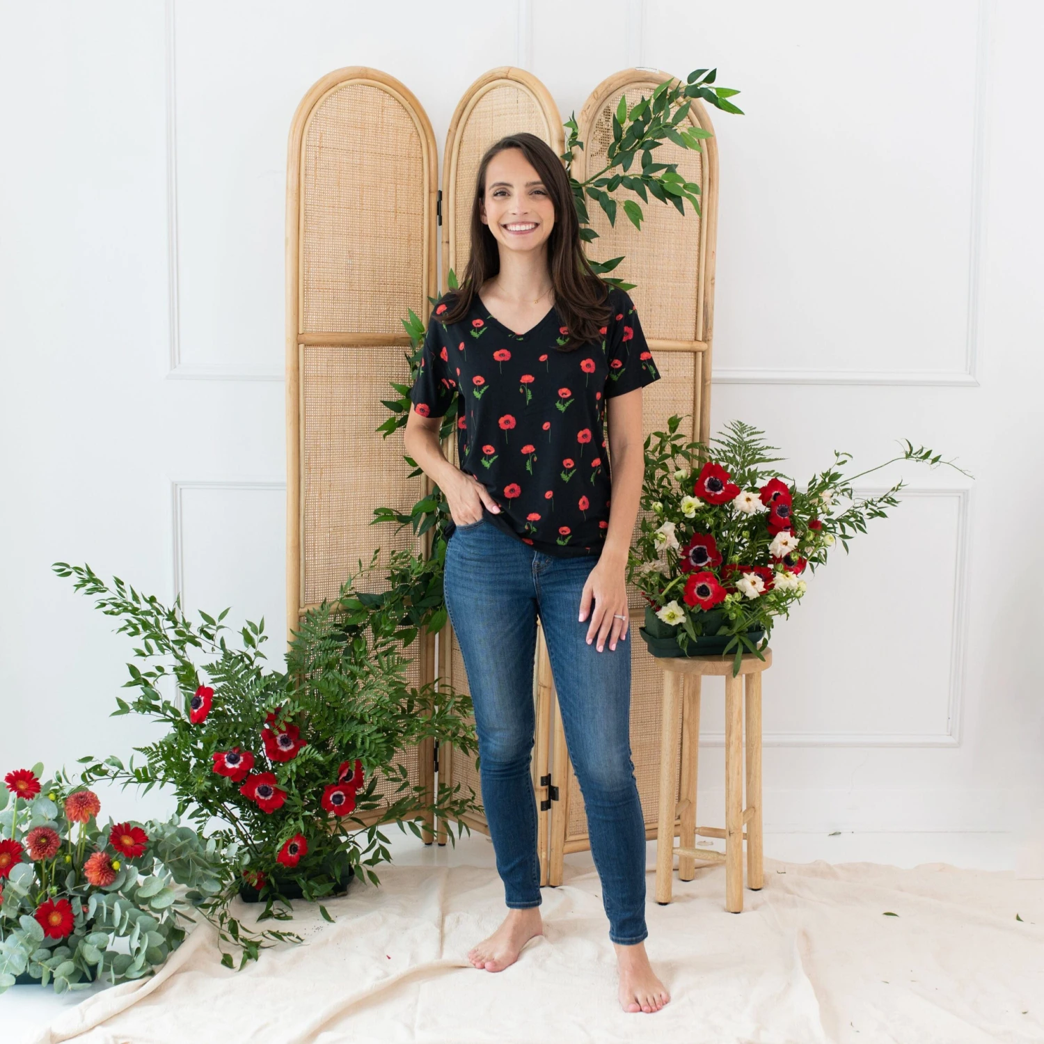 Women’s Relaxed Fit V-Neck In Midnight Poppies 5 Women’s Relaxed Fit V-Neck In Midnight Poppies - Image 3